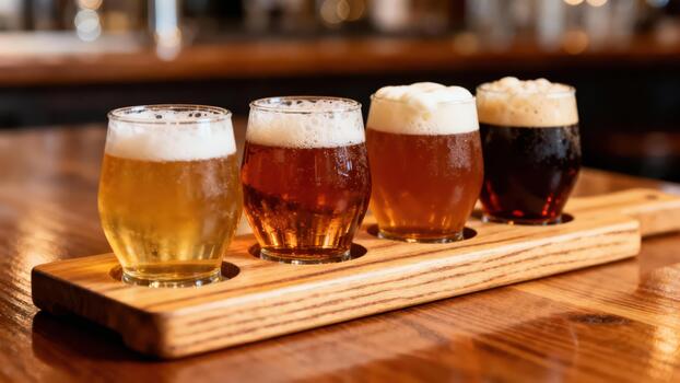 Four diverse glasses of craft beer styles served on a light wood tasting paddle resting on a polished wooden bar counter. photo