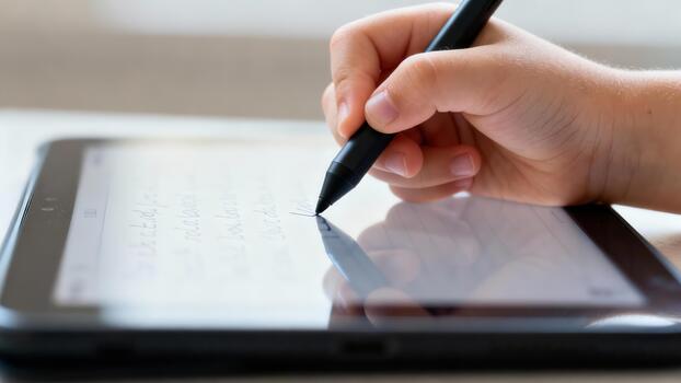 Small hand holding black digital stylus writing handwritten notes onto a modern touchscreen tablet device. photo