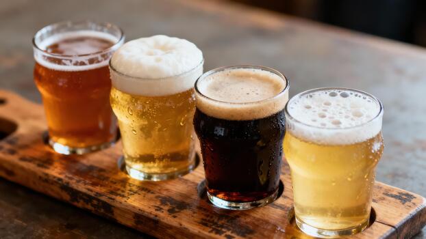 Four different colored craft beer samples in tasting glasses resting on a brown wooden flight tray. photo