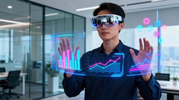 Young professional uses futuristic AR headset to interact with holographic neon bar graphs and business data displays in a modern glass office. photo