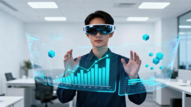 Asian man wearing augmented reality glasses interacting with glowing blue corporate data visualizations in a bright modern office setting. photo