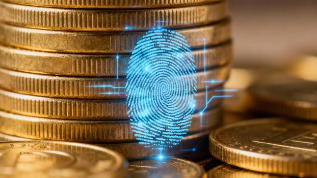 Blue digital fingerprint hologram overlaying a tall stack of metallic gold coins symbolizing financial authentication. photo