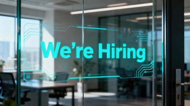 Turquoise glowing 'We're Hiring' text framed by digital circuit patterns displayed on a clear office glass door. photo