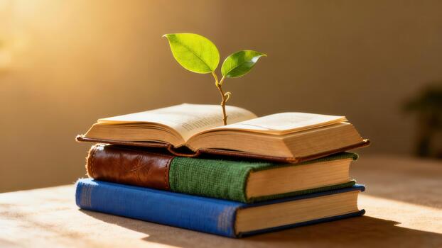 Small green seedling sprout with two bright leaves emerging from an old open book resting on a vertical stack of three colorful hardcover books. photo