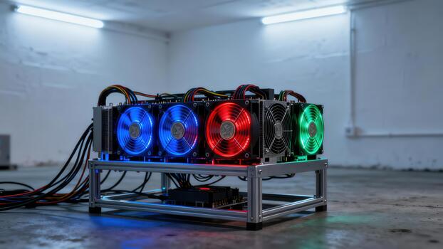Illuminated multi color cooling fans on a GPU cryptocurrency mining rig rack setup in a stark industrial server room. photo