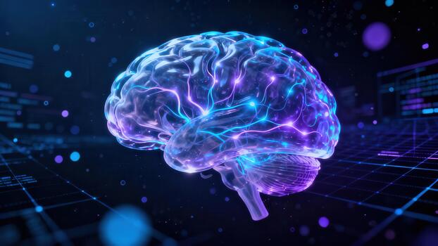 Transparent glowing neon purple and blue human brain displaying neural pathways on a dark futuristic digital background. photo