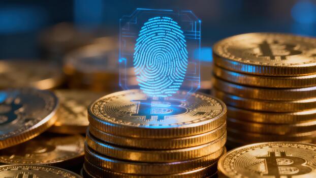 Digital biometric fingerprint verification hovering above stacks of metallic gold cryptocurrency coins in dark lighting. photo