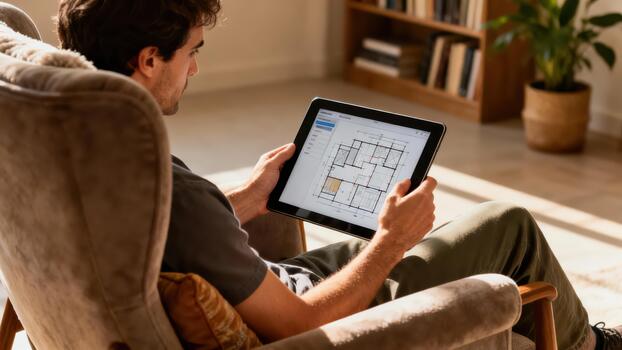 Caucasian man reviews residential house floor plan displayed on digital tablet while relaxing in a sunny upholstered armchair at home. photo