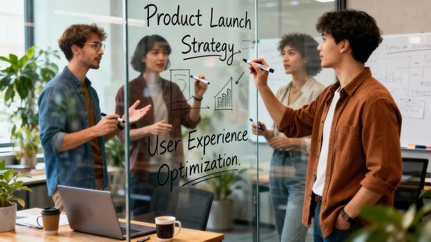 Diverse colleagues writing 'Product Launch Strategy' and 'User Experience Optimization' on a clear glass whiteboard during an office meeting. photo