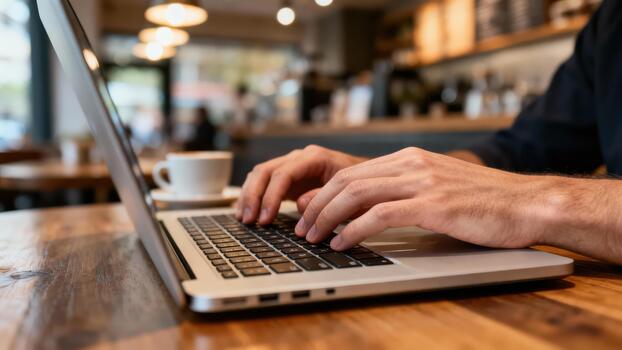 Hands of a young man typing quickly on a silver laptop keyboard placed next to a white coffee cup in a modern cafe setting. photo