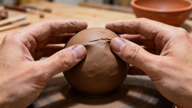 Artisan hands skillfully shaping raw brown earthenware clay into a sphere on a rotating pottery wheel in a ceramics . photo