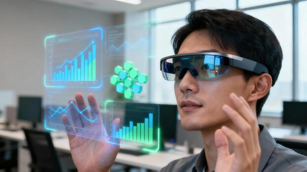 East Asian man wearing advanced augmented reality glasses interacts with projected holographic business graphs and 3D data visualizations inside a modern office. photo