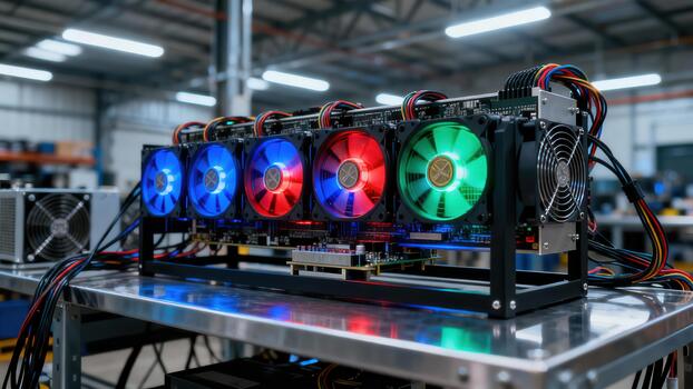 Powerful computer mining rig featuring six graphics processing unit cooling fans illuminated in blue, red, and green colors. photo