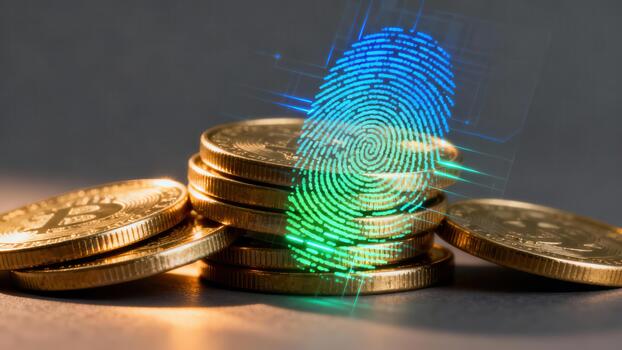Digital blue and green fingerprint hologram projected over shiny golden crypto tokens, representing biometric security and digital finance. photo