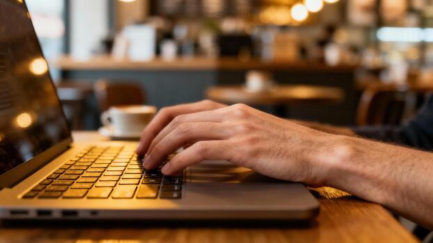 Hands typing on a modern laptop keyboard placed on a reflective brown wooden surface in a warm, dimly lit cafe environment. photo