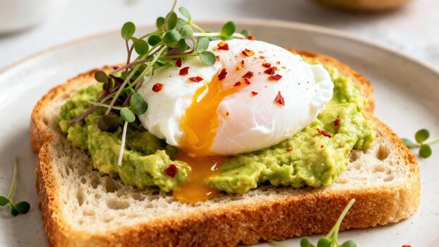Slice of toasted bread covered with smashed avocado, a runny poached egg, and fresh microgreens garnished with spicy chili flakes. photo