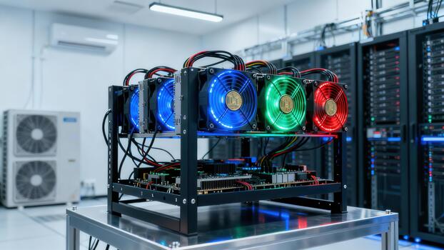 Specialized computer mining rig operating inside a secure data center, featuring multiple cooling fans illuminated by bright blue, green, and red LED lights. photo
