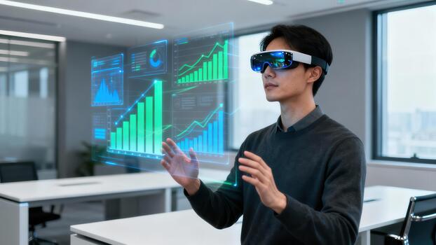 Professional using augmented reality headset to analyze complex glowing financial bar graph data visualizations floating in a futuristic workplace. photo