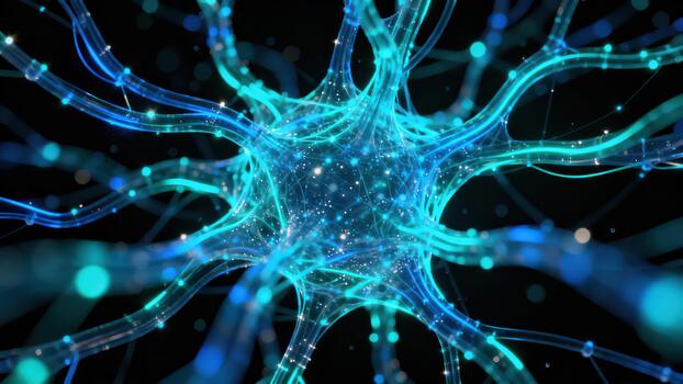 Microscopic view of glowing blue and cyan neural network structure on black background. photo