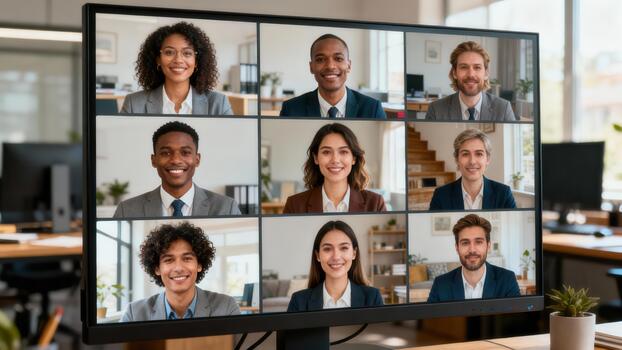 Nine diverse professional colleagues smiling during a virtual conference displayed on a computer screen in a modern office setting. photo