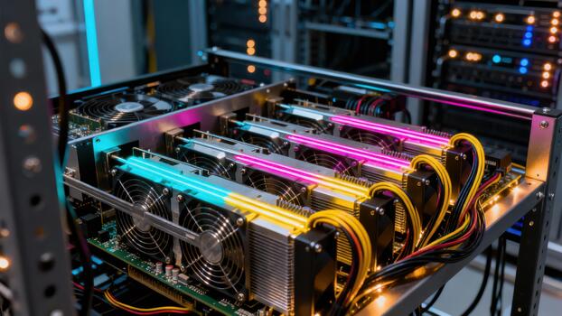 view of a dedicated computer processing rig rack filled with multicolored glowing graphics cards and coiled wires. photo