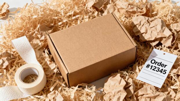 Brown corrugated cardboard shipping box resting on light brown shredded paper packing material with tape and an order tag. photo