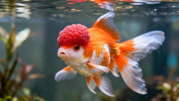 Beautiful orange Oranda goldfish swimming underwater with a distinctive bright red raspberry-like head growth. photo
