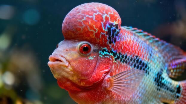 Vibrant red and blue Flowerhorn Cichlid fish displaying its large patterned nuchal hump in . photo