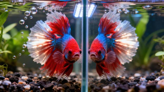 Colorful red blue and white Betta fish displaying its flared fins right next to its mirror reflection in a freshwater aquarium. photo