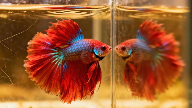 Vibrant red halfmoon Betta fish displaying iridescent blue scales near a glass partition, reflecting off the surface. photo