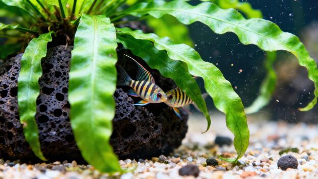 Pair of striped dwarf cichlids hiding among wavy Java fern leaves and dark porous lava rock on sandy substrate. photo