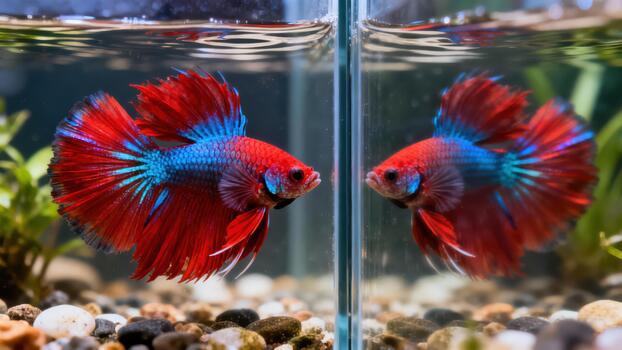 Siamese fighting fish with dramatic red and cyan fins reflected in the glass partition of a freshwater aquarium. photo