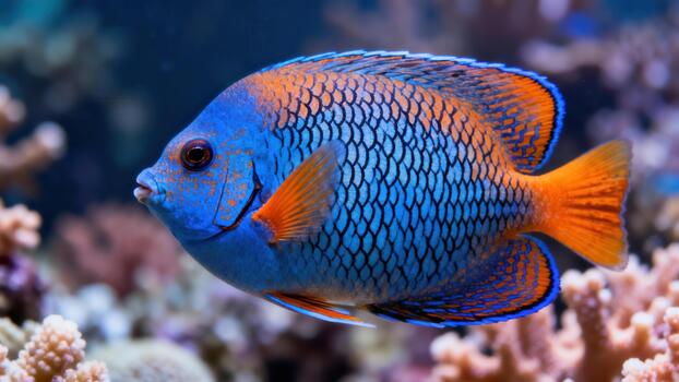 Vibrant blue and orange tropical Angelfish displaying intricate reticulated scale patterns swimming above live coral in a marine environment. photo