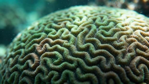 Detailed view of massive green and brown brain coral displaying convoluted ridge patterns on a tropical reef. photo