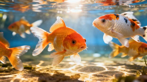 Orange goldfish and white patterned koi fish swimming together in a shallow pond with sunlight creating reflective caustic patterns on the sandy bottom. photo