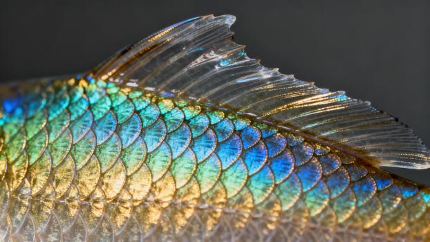 Macro photographic view capturing the stunning iridescence displayed on the scales and translucent dorsal fin of a small tropical fish. photo