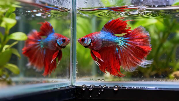 Spectacular red and blue male Betta fish displaying flowing fins near a glass partition creating a symmetrical reflection. photo
