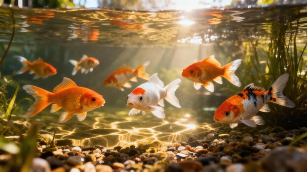 Several orange and calico goldfish swimming freely in shallow, sunlit pond water reflecting bright caustic patterns on the rocky substrate. photo