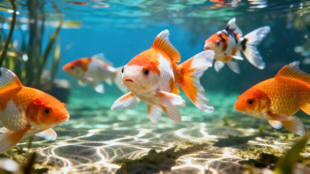 Group of ornamental goldfish displaying orange, white, and calico patterns swimming near the sunlight-dappled pond bottom. photo