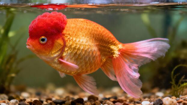 Golden orange Oranda goldfish displaying its large, vibrant red wen or head growth in an aquatic habitat. photo
