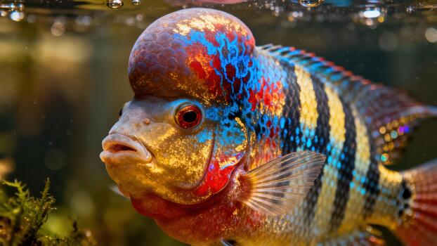 Hybrid Flowerhorn Cichlid fish with a prominent nuchal hump displaying bright red, blue, and yellow striped patterns in an aquatic environment. photo