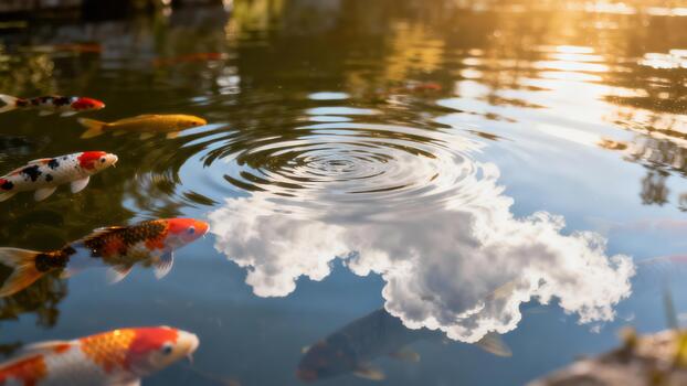 Colorful Koi fish swimming under the surface of a tranquil pond reflecting white clouds and shimmering golden sunlight with concentric ripples. photo