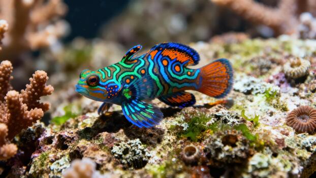 Vibrant Mandarin Dragonet fish displaying stunning blue and orange patterns while resting on textured live rock and corals. photo