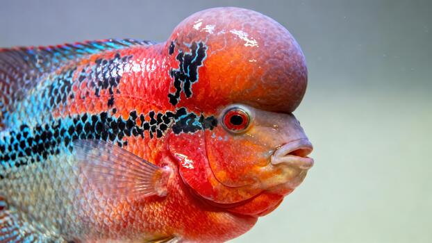 Vibrant red Flowerhorn Cichlid fish profile showcasing its distinctive large forehead hump and blue patterned scales against a light background. photo