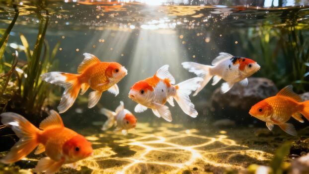 Six vibrant fancy goldfish swimming underwater in freshwater habitat, illuminated by golden sunlight rays filtering down to the sandy bottom. photo