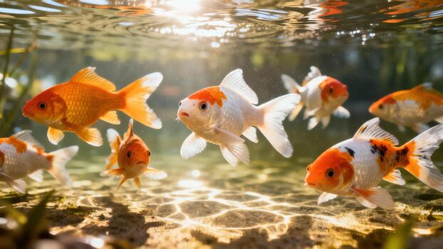 School of common goldfish and patterned white and orange varieties swimming underwater in sunny clear pond environment. photo