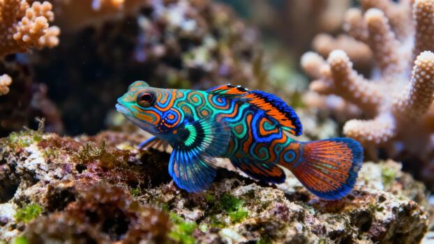 Spectacularly patterned Mandarin Dragonet fish displaying vibrant orange, teal, and blue markings resting near branching coral. photo