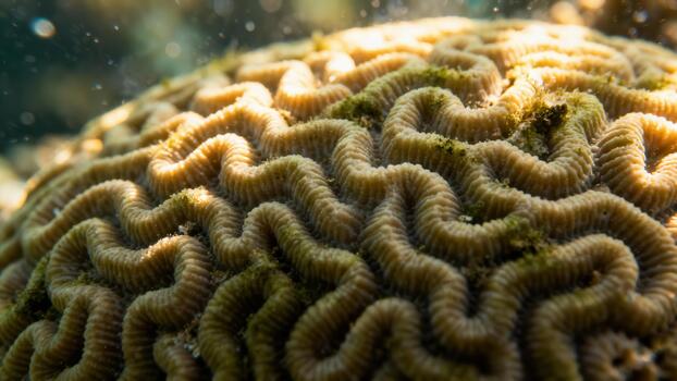 Intricate beige brain coral structure featuring winding grooves and ridges illuminated by bright underwater sunlight. photo