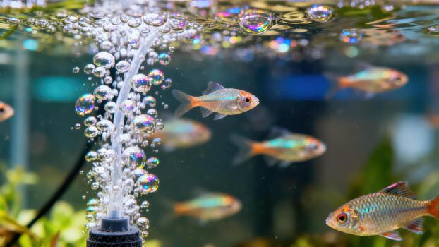 iridiscente aire burbujas creciente rápidamente desde un oxígeno difusor rodeado por pequeño vistoso tropical acuario pez. foto