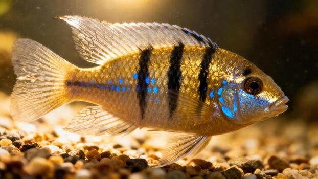 Apistogramma dwarf cichlid fish displaying iridescent blue markings and golden coloration against a substrate of brown gravel. photo